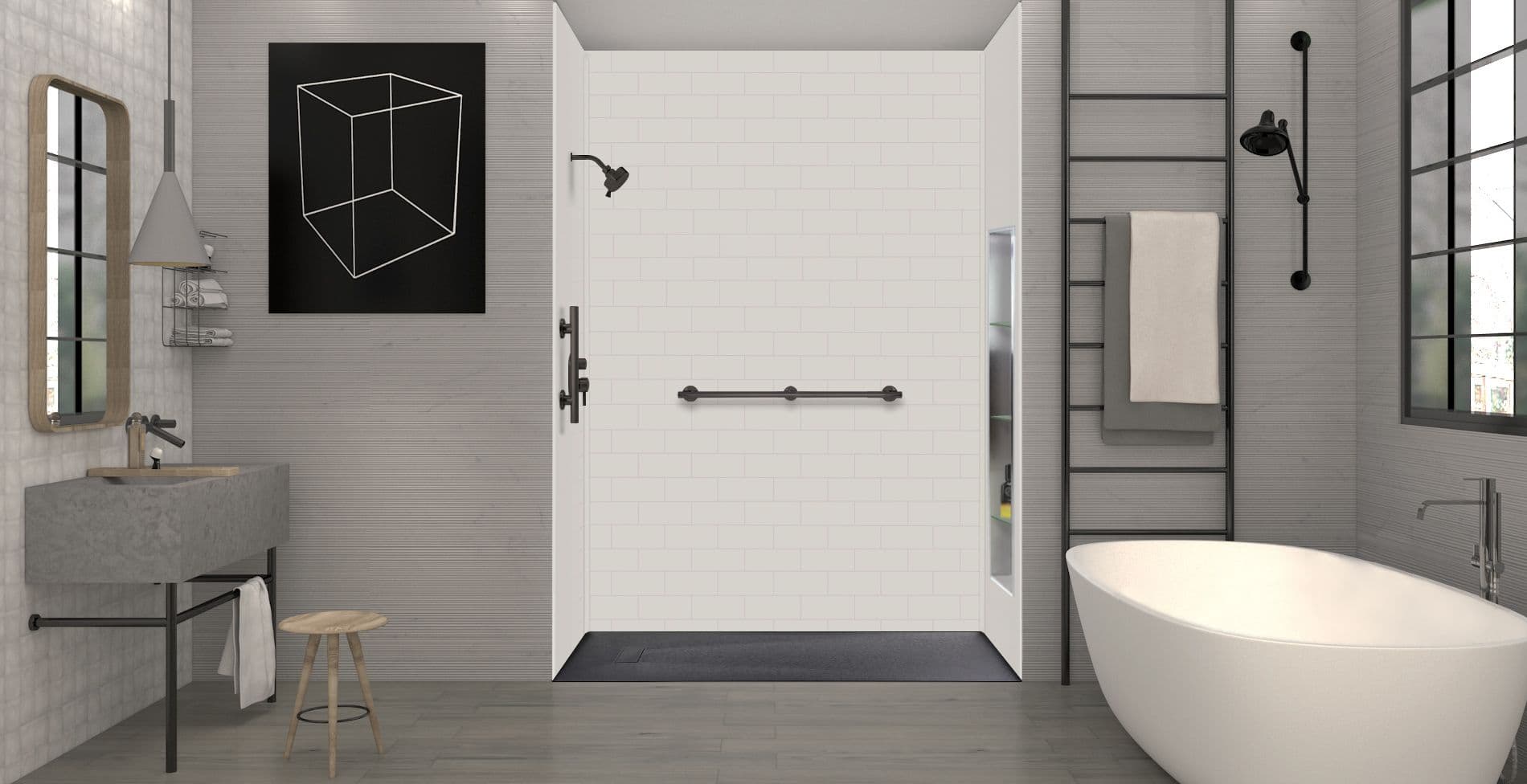 An accessible walk-in shower with grab bar and black fixtures.