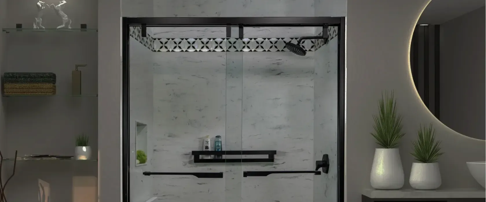 A gray bathroom with a walk-in shower with glass sliding doors, black fixtures, white marble-patterned walls, and geometric accents.