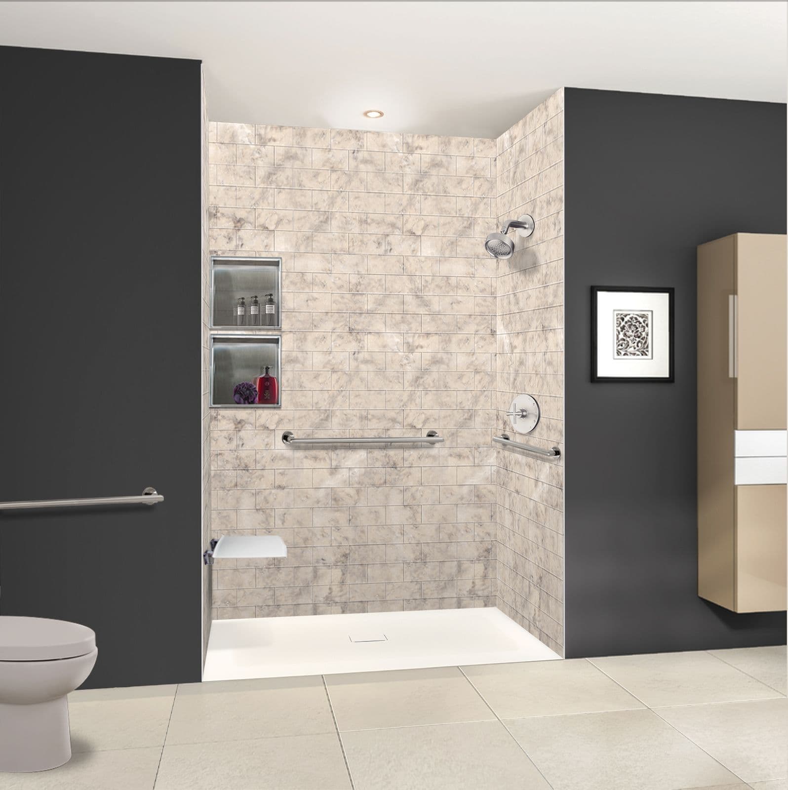A dark gray bathroom with an accessible walk-in shower with multiple safety grab bars and a folding shower seat.