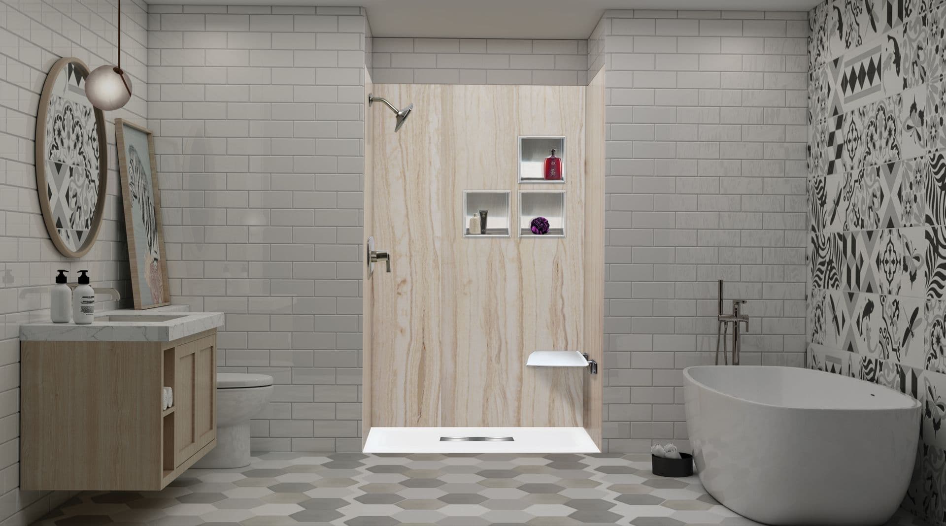 An accessible walk-in shower with beige marbled walls and a built-in folding shower seat.