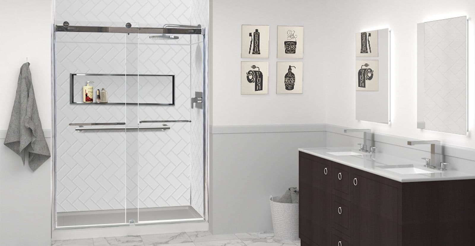 A converted walk-in shower with sliding glass doors, built-in shelf caddy, and grab bar.